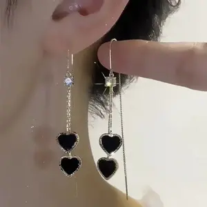 Sexy Black Heart Long Tassel Earrings for Women New Trendy Light Luxury Super Fairy Ear Threads Popular Ear Accessories DZEH4898