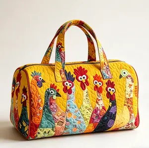 Bohemian-Style Digitally Printed Quilted Weekend & Gym Bag / Tote — Featuring a Playful Chick Pattern; A Charming, Quilted Fabric Tote with a Cute Chick Theme — An Ideal Choice for Shopping, Travel, and Gifting.