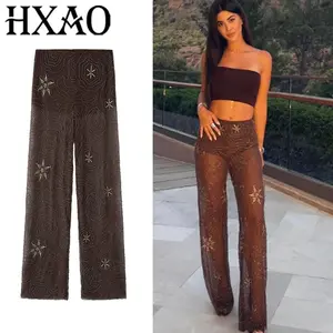 HXAO Woman Trousers Summer Mesh Pants For Woman Beaded Baggy Fluid Trousers Fashion Semi Sheer Sequin New In Long Pants