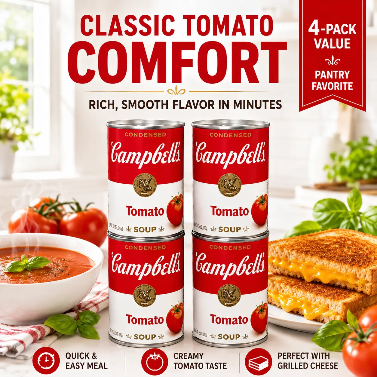 Campbell's Condensed Tomato Soup - 10.75 oz Can, Pack of 4, Pantry Staple Vegetable Broth Alternative for Cooking Essentials