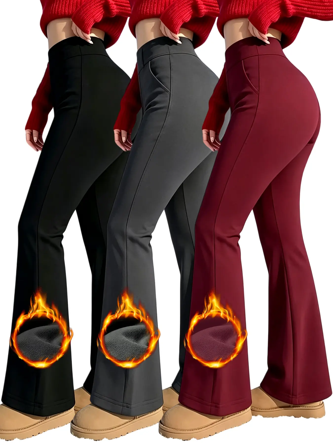 3-Pack Brushed High-Waist Flared Pants for Women – Black, Gray, Red – Tummy Control & Butt Lift Sculpting Fit with Warm Fleece Lining, Winter Chic