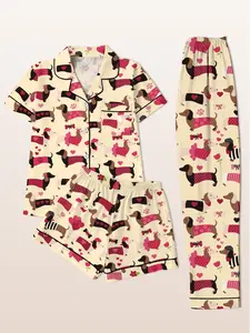 Women's Sleepwear Set, Pajama Set, Short Sleeve Cardigan Top + Shorts + Long Pants, Colorful Sausage Dog Print, Casual Fitted, All Seasons