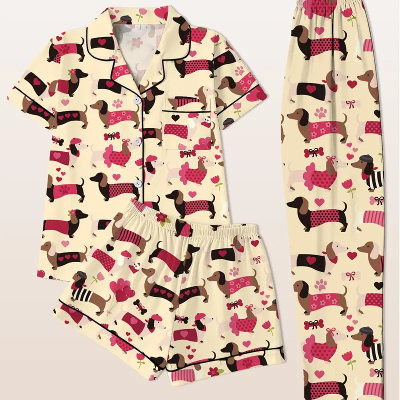 Women's Sleepwear Set, Pajama Set, Short Sleeve Cardigan Top + Shorts + Long Pants, Colorful Sausage Dog Print, Casual Fitted, All Seasons