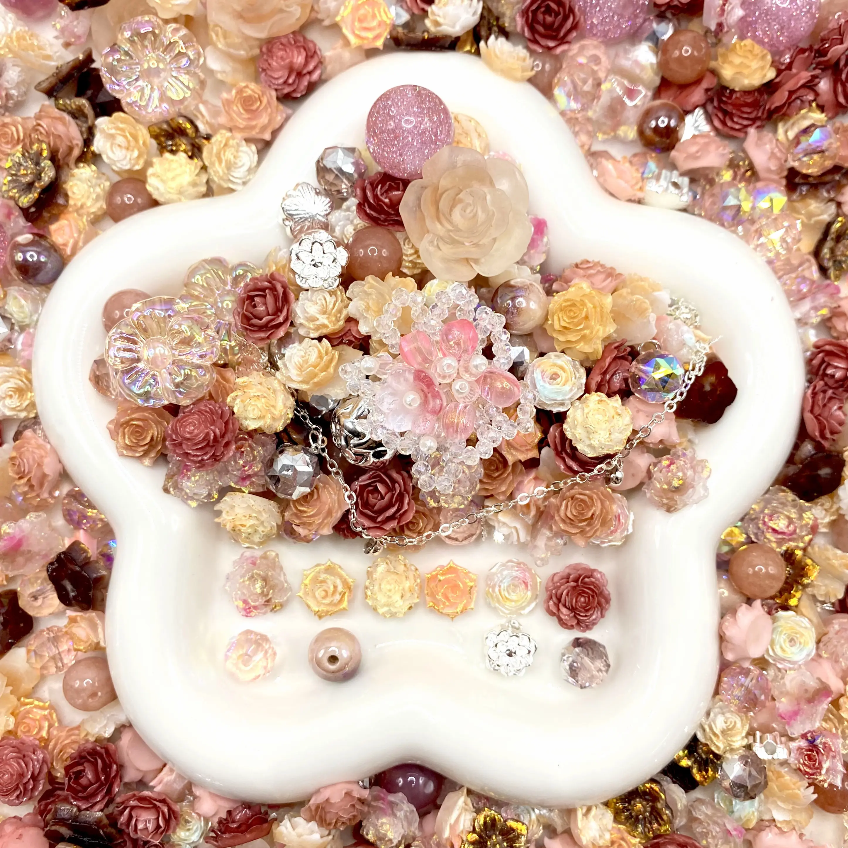 Rustic Rose  - Soft Resin Nail Art Charms with Beads – Drillable Floral Resin Decorations for Press-On Nails, Jewelry & DIY Crafts