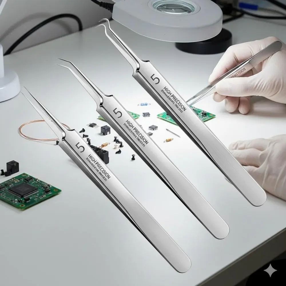 Professional Precision Tweezers: Stainless Steel Fine Point for Electronics Repair, Soldering, Lab Work, Jewelry Making, Model Crafting. Anti-Magnetic, Anti-Static, Industrial Grade for Delicate Operations & Maintenance. Hand Tools