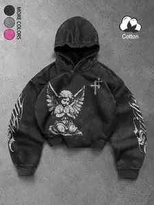 Unisex style. High-quality, spring and autumn-season trendy hooded sweatshirt with an angelic prayer pattern print, Graphic Hoodies. Suitable for streetwear and American retro styles, Y2K fashion, stylish and casual, campus, hip-hop style.