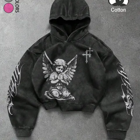 Unisex style. High-quality, spring and autumn-season trendy Loose Hooded Sweatshirt with an angelic prayer pattern print, Graphic Hoodies. Suitable for streetwear and American retro styles, Y2K fashion, stylish and casual, campus, hip-hop style.