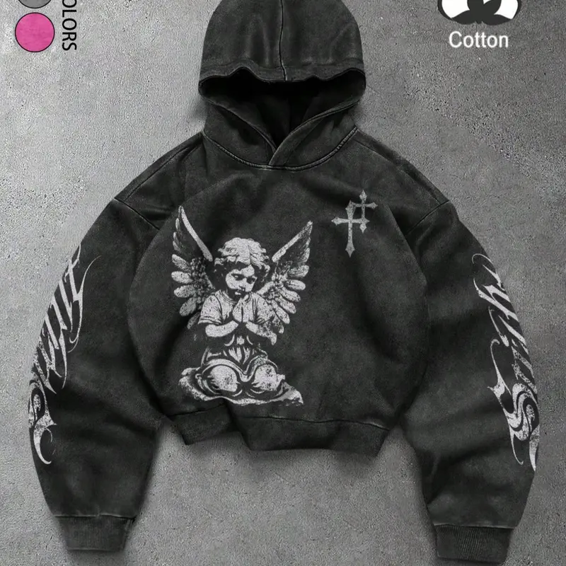 Unisex style. High-quality, spring and autumn-season trendy Loose Hooded Sweatshirt with an angelic prayer pattern print, Graphic Hoodies. Suitable for streetwear and American retro styles, Y2K fashion, stylish and casual, campus, hip-hop style.