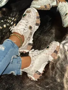 Women's New Full Diamond Durian Sole Casual Athletic Shoes, Chessboard Pattern, Luxurious Fashion Dad Sneakers, All Seasons, PU Leather