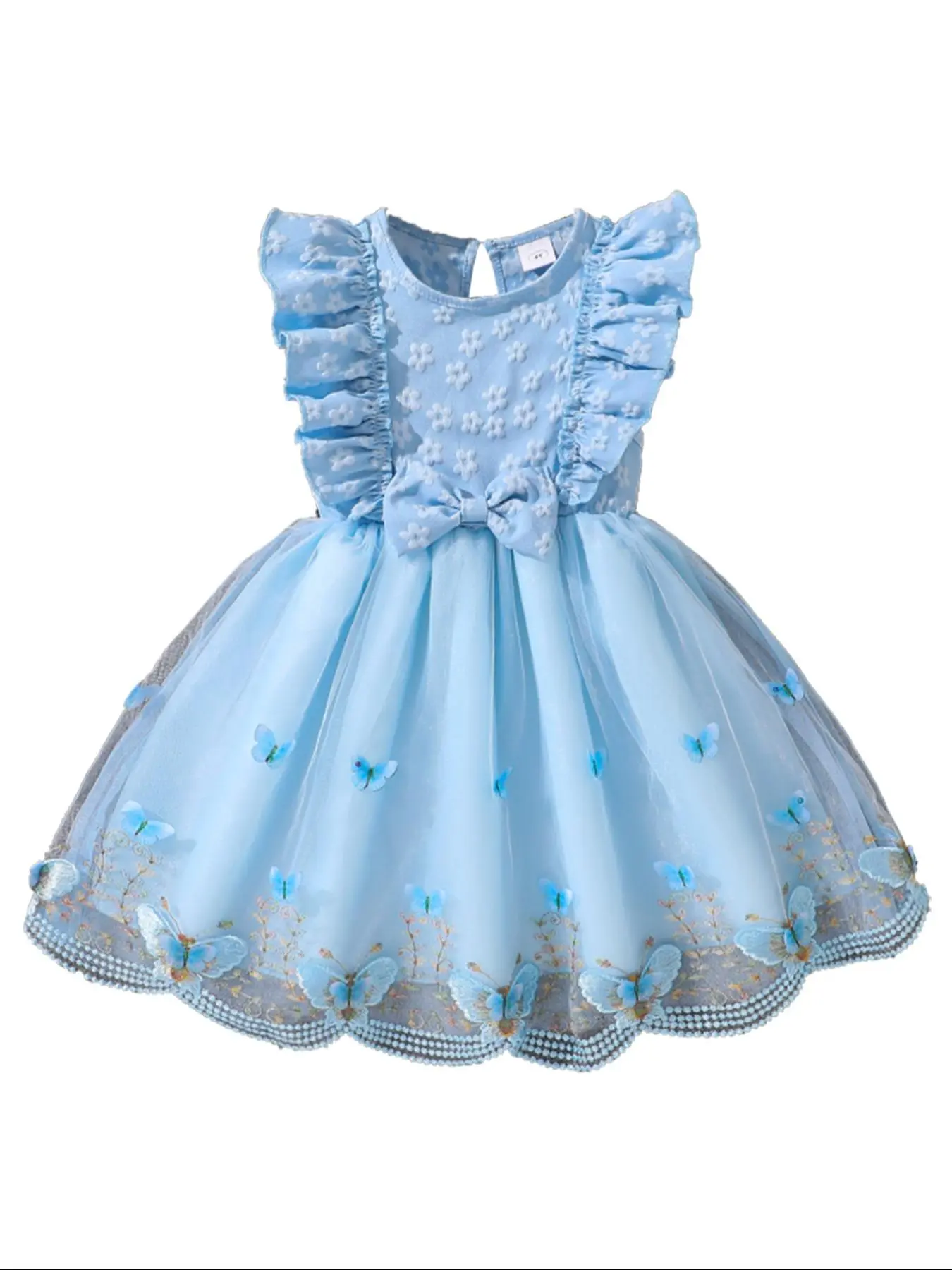 Girl's Butterfly Pattern Bow Decor Dress, Cute Round Neck Summer Printed Dress for Summer, Kids Clothes for Daily Wear