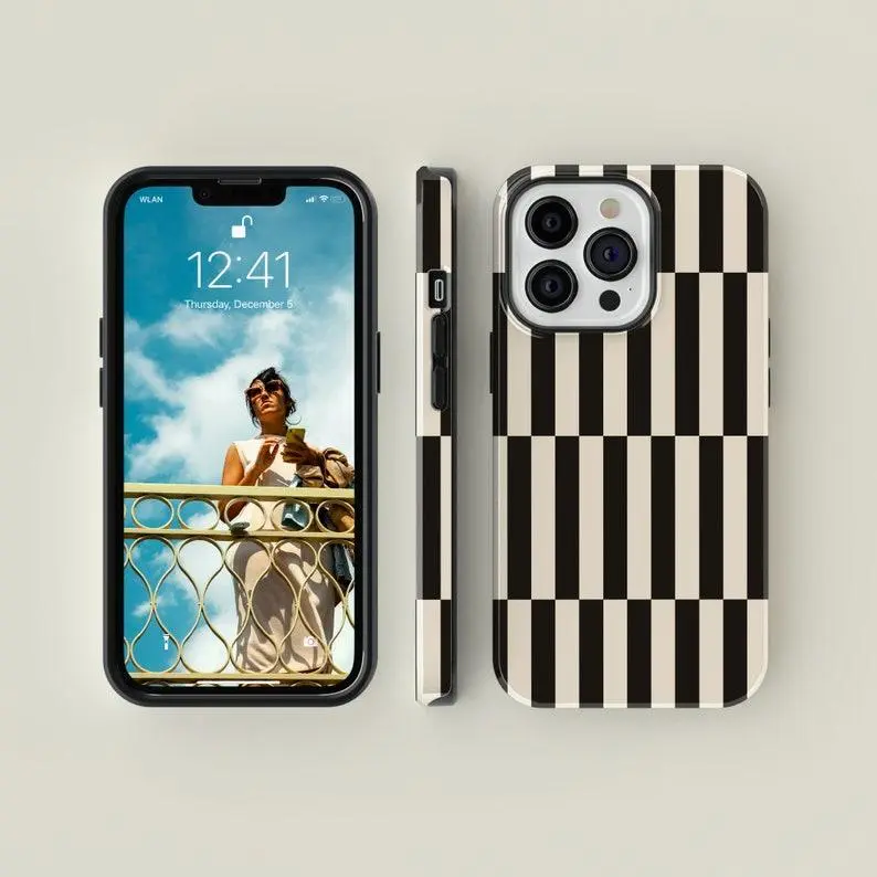 Tall Checkered Black Cream 2-in-1 Smartphone Casing with Premium Film, Durable Shock-Absorbing Stylish Protection for iPhone 17 Pro Max 16 Plus 15 14 13 12 11 & Samsung Galaxy S26 S25 S24 S23 S22 S21, Cellphone Devices Accessories, Protector