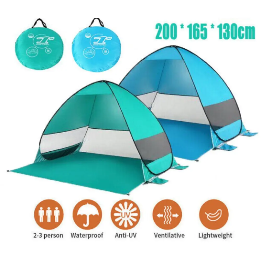 1 PC Eco-Friendly Metal-Frame Pop-Up Beach Tent - Tents for Camping, Sturdy Compact Portable Green Oval Shelter, Quick-Setup Polyester Fabric, 6 Stakes, All-Season Sunshade for 1-3 People, Beach Use