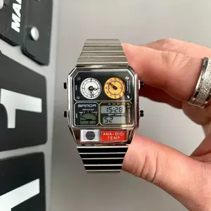 Men's Vintage Square Quartz Watch, Analog Digital Watch, Multifunctional Temperature Timer, Fashion Outdoor Travel Wristwatch, Perfect Holiday Gift