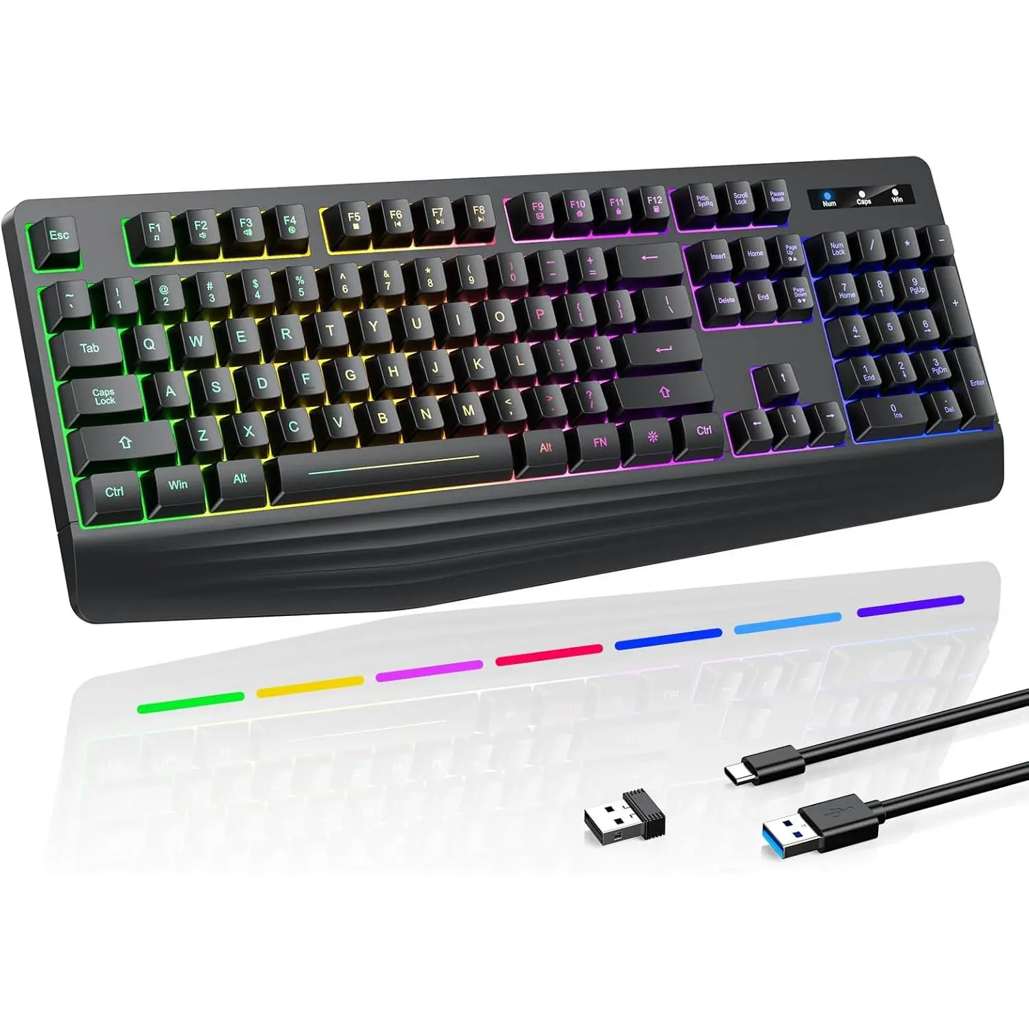Wireless Gaming Keyboard, RGB & Single-Color Backlit, Full-Size Waterproof Computer Keyboard, Silent Keys, Wrist Rest, Sleep Mode, Rechargeable 2.4G Wireless Keyboard for Windows, Mac, PC, Laptop