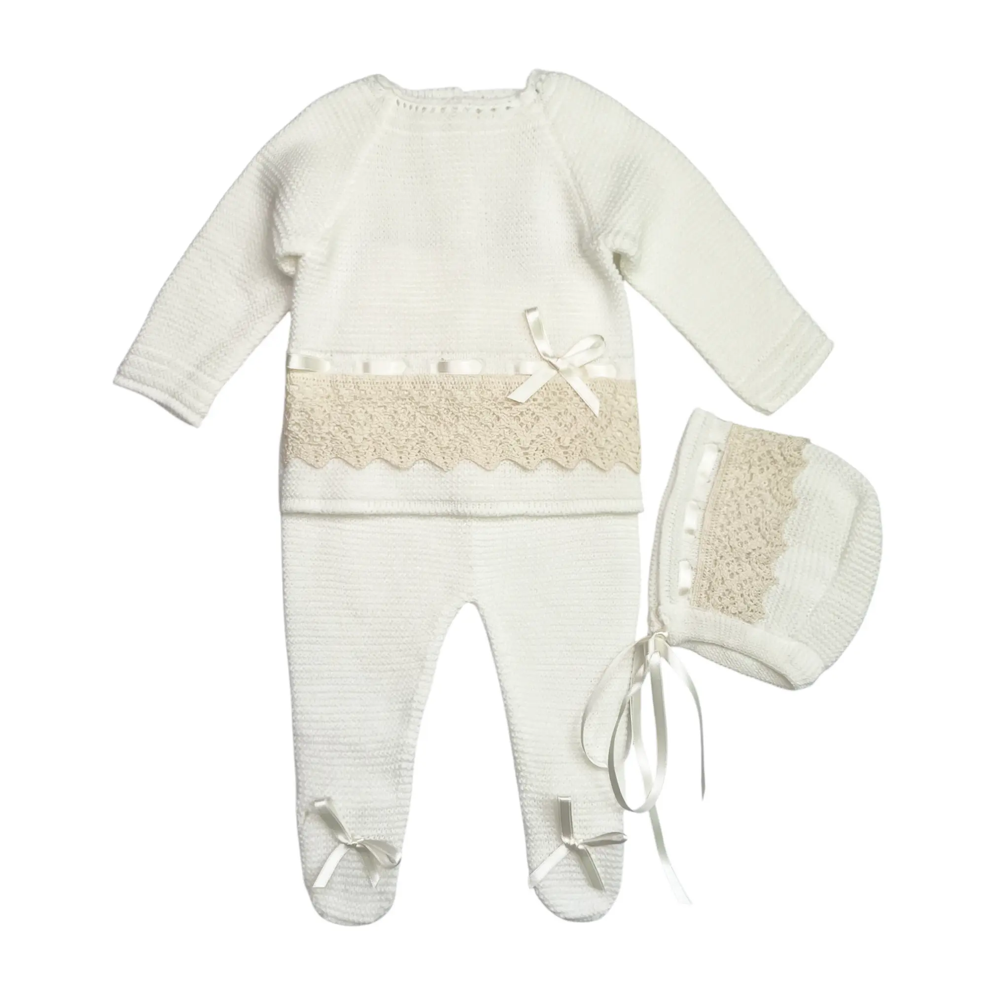 ESCALETT LAYETTE Newborn Baby Knitted Outfit White, 3-Piece Set, (Lace Style: Beige 1136) Solid Color Bodysuit
