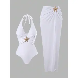 2pcs/Set Women Solid Color Halter One Piece Swimsuit