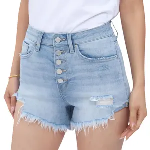Women's Mid Rise Ripped Stretch Denim Shorts with Frayed Raw Hem Slim Fit Casual Jean Shorts for Summer Daily Wear Fashionable & Stretchy Bottoms BLUEMOMENT