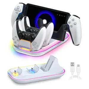 Wiilkac RGB Charging Stand for PS Portal Remote Player and PS5 Controller, Charger Station 3-in-1 Charging Dock with 14 Light Modes for PS5 Portal Accessories Console Smartphone
