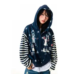 Streetwear Stripe Patchwork Hoodies Loose Casual Cartoon Print Sweatshirt Women Y2k Aesthetic Vintage Grunge Dual Zippers Hoody