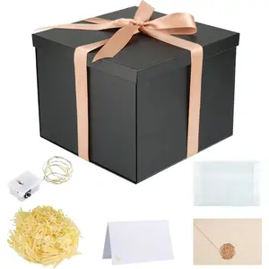 1pc 23x23x18cm black gift box, gold ribbon one-piece folding paper gift box (with gold ribbon, Lafite grass, light string, greeting card, envelope) for Mother's Day Birthday Party Christmas gift
