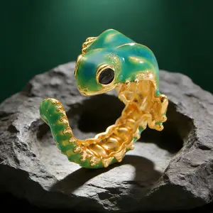 Green Enamel Lizard Open Ring, Gold Tone with Black Stone Eyes, 3D Reptile Design Statement Ring for Nature & Whimsical Styling