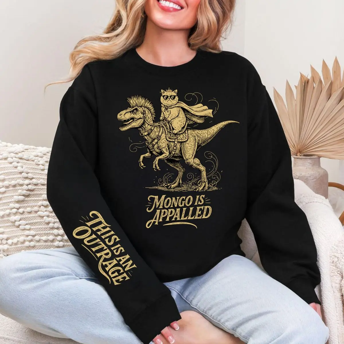 Mongo Is Appalled Sweatshirt, This Is An Outrage Funny Fantasy Cat Riding Dinosaur Graphic Sleeve, Sarcastic Book Lover Pullover, Gamer Nerd Aesthetic, Unisex Long Sleeve Crewneck