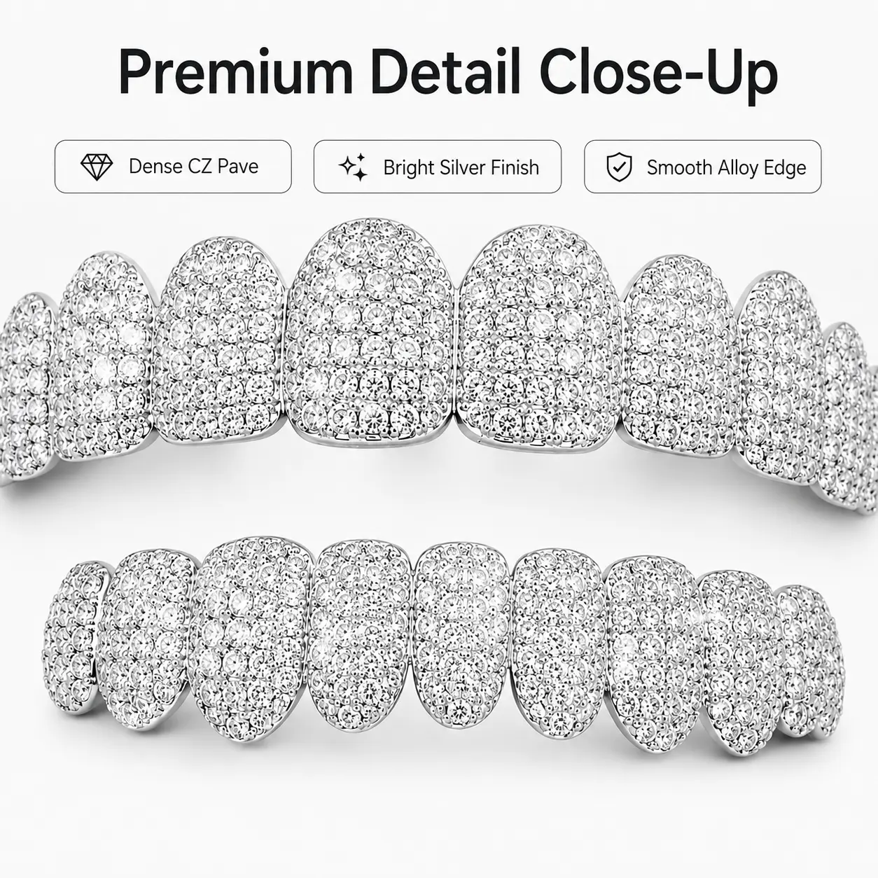 Iced Out Silver Full Zircon Pave Teeth Grillz, Top & Bottom 8 Teeth Hip Hop Dental Grills for Party Stage Performance