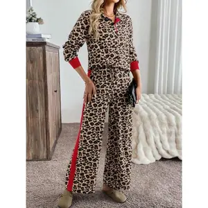 Women’s two-piece set featuring a leopard-print collared, long-sleeved button-up shirt paired with wide-leg pants with a waistband—slim fit, versatile, suitable for any occasion.