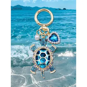 Trendy Cute Keychain Faux Rhinestones Sea-Turtle Charm with Faux Pearl Heart Design Ocean-Themed Turtle Keychain Decor for Valentines Day Turtle Keyring Ornaments Gift for Men Women Backpack Purse Accessories Car Pendant