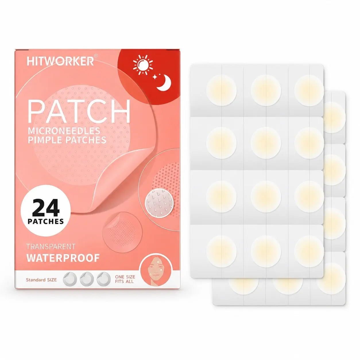 Hydrocolloid Micro-Dot Pimple Patches, 24 Count, Transparent Waterproof, Day & Night Spot Cover, for Most Skin Types, Pe Material
