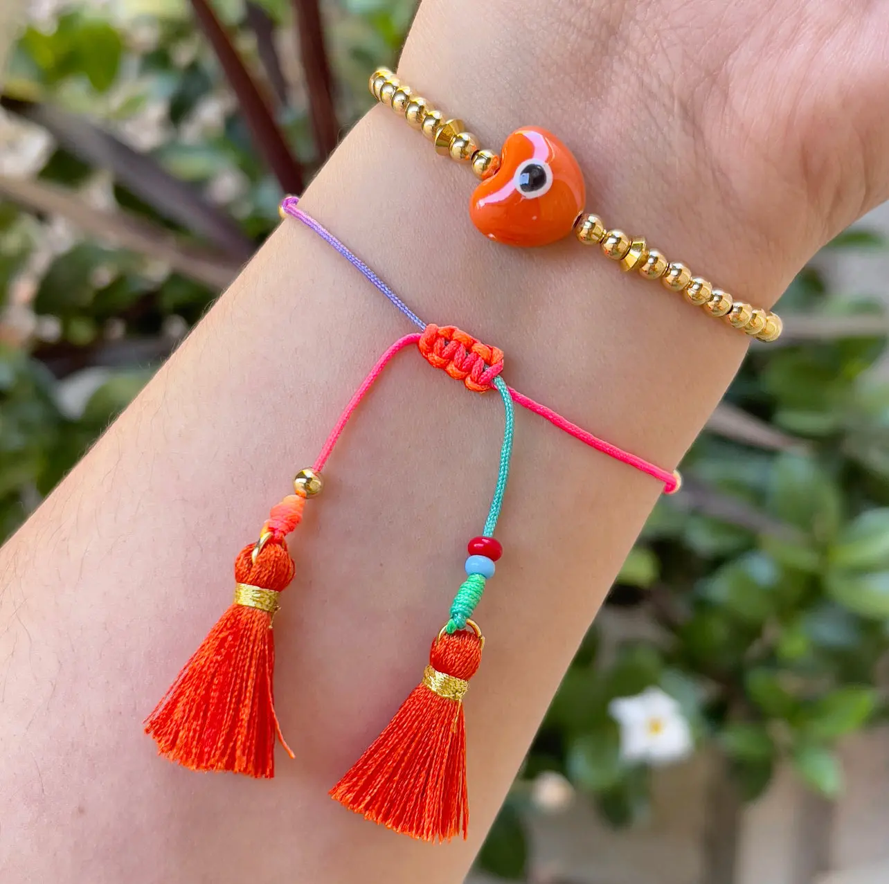 Summer Heart Pom Pom Adjustable Slider Bracelet with Beaded Accents, Exquisite Trendy Fashionable Costume Jewelry Bracelet, Exquisite Trendy Bracelet