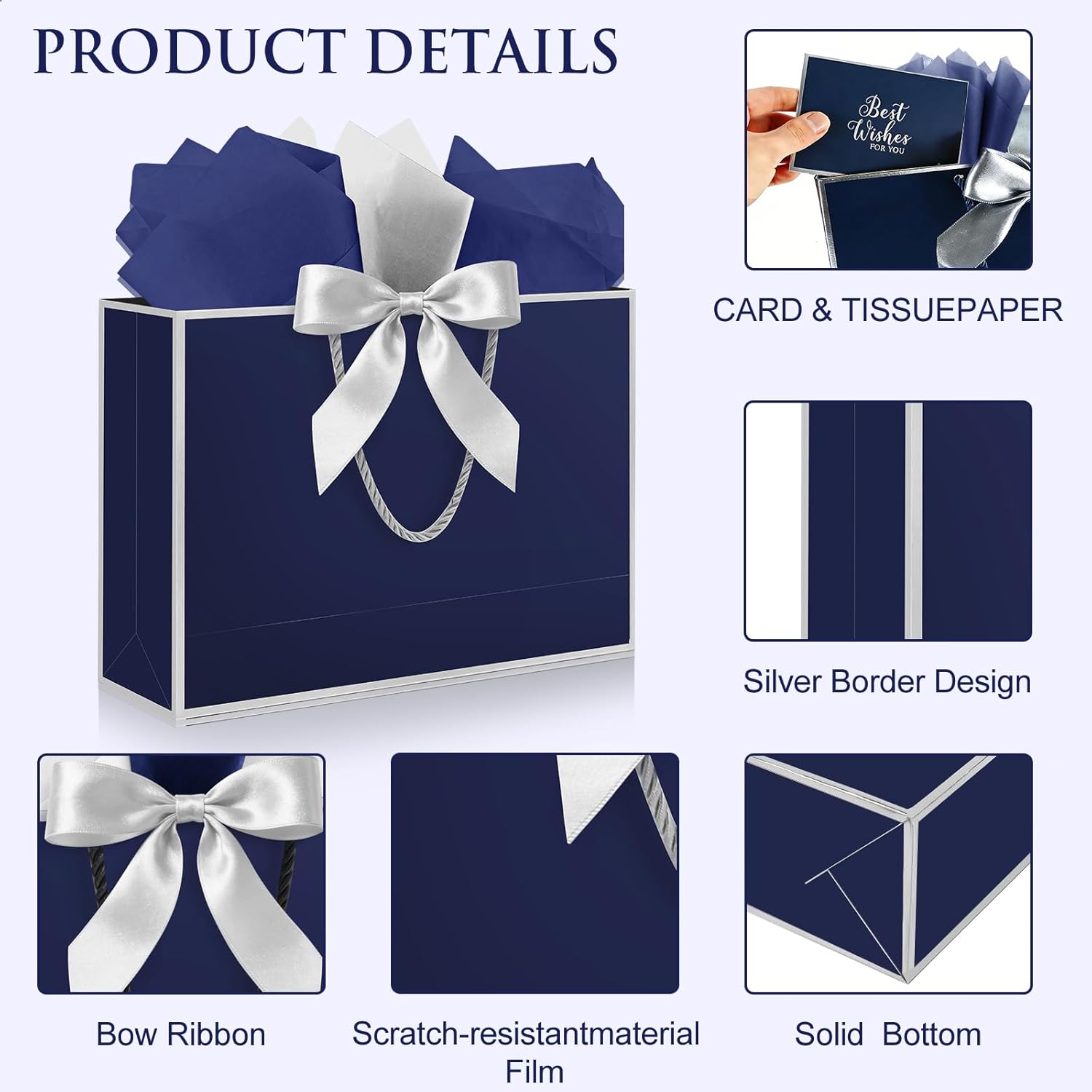 Fancy Large Gift Bags with Handles, 2 Pack 12.6x10x4 Inches - Includes Tissue Paper & Cards for Birthday, Valentine's Day, Baby Shower, Wedding, Anniversary & Holiday Gifts (Blue and Silver)