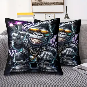 Stylish Gorilla Graphic Throw Pillow with Digital Print, 45cm Square with Inner Cushion, Eye-Catching Punk Design Featuring Gold Accessories and Vibrant Colors, Perfect for Sofa & Living Room Decor, Trendy Edgy Home Accent, Creative Decorative Cushion