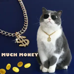 Luxury Gold Dollar Chain Pet Necklace Collar for Dogs Cats Stylish Metal Cuban Link Pet Chain Collar Fashion Dog Cat Jewelry Accessories Small Medium Pets Gift