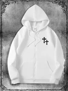 Men's Gothic Minimalist Print Zip Hoodie, Fashion Streetwear Style for Casual Occasions, Perfect Match for Trendy