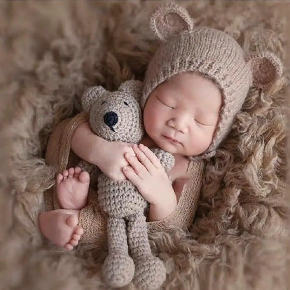 Newborn Photography Props Cute Bear Hat Baby Photo Knitted Toy Accessories for Girls Boys Easter Gift