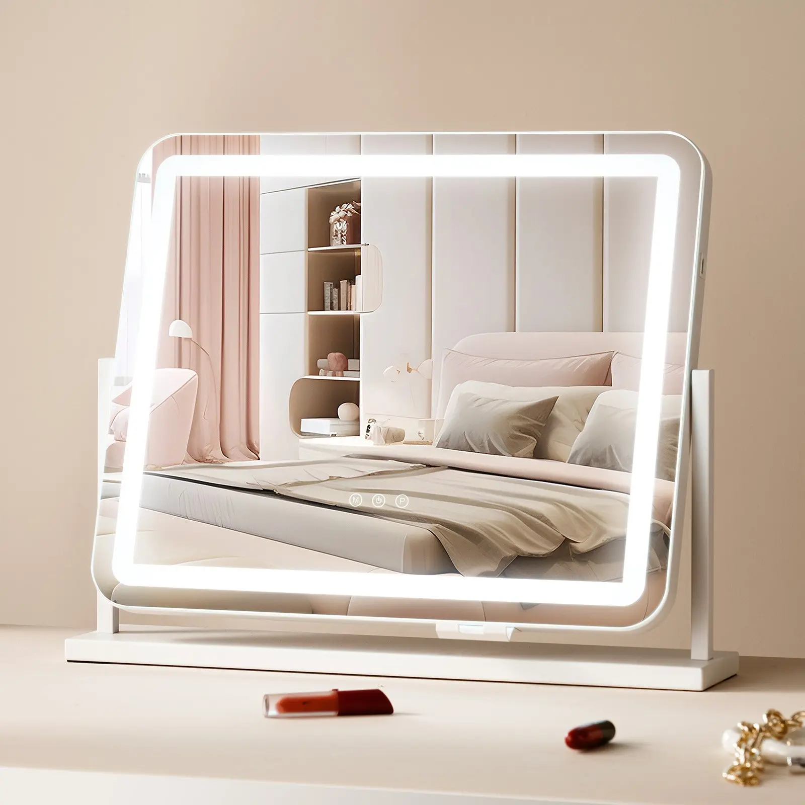 VEVOR LED Lighted Vanity Mirror, 21.7 x 17.7 in Touch Screen Makeup Mirror with 3 Color Modes, 5X Magnification, USB Port & 360° Rotation for Makeup Enthusiasts, Mascara, Cosmetic, Touch Screen Mirror