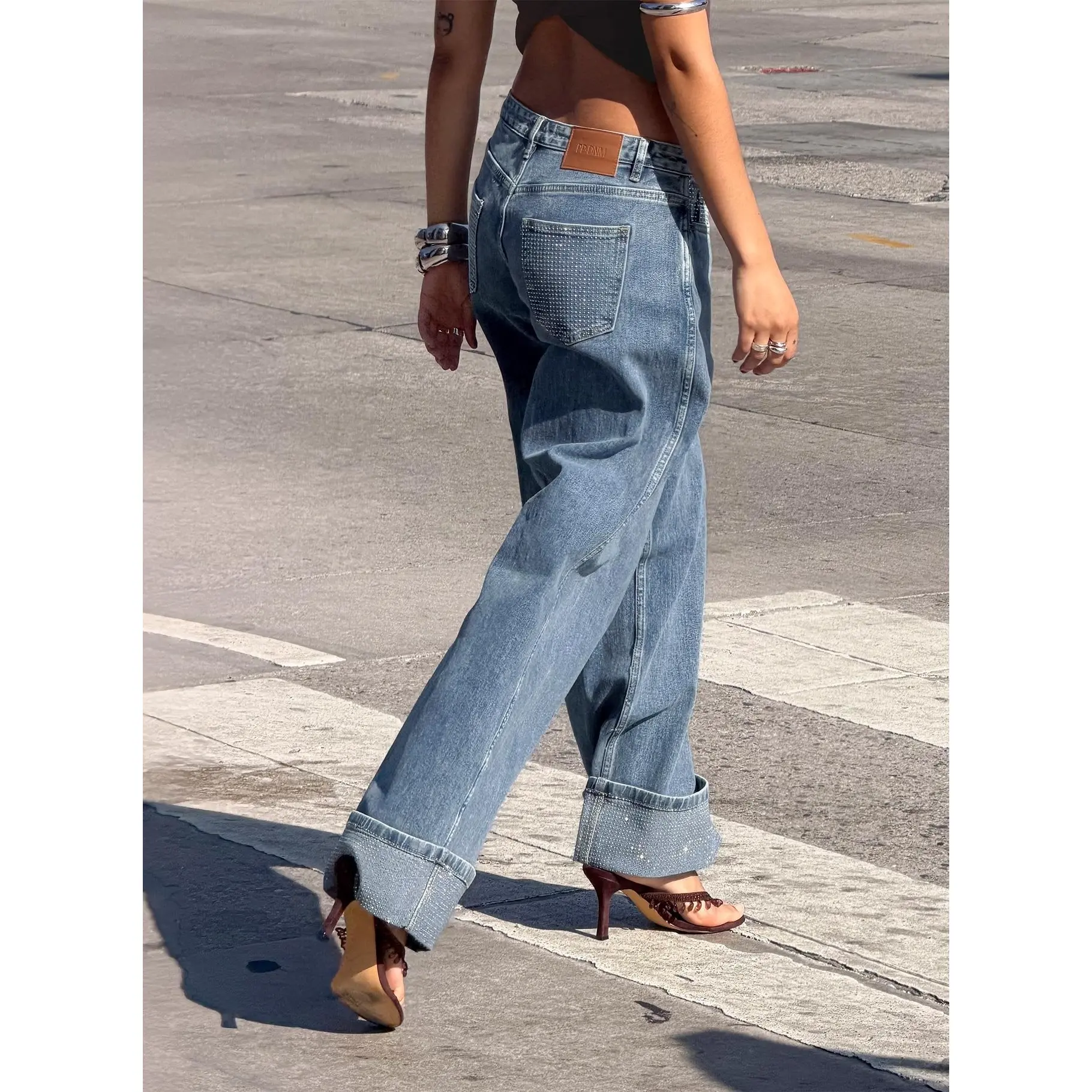 Ramos Diamante Low Rise Wide Leg Jeans Washed Mid Blue