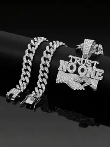 Hiphop Trust No One Zircon Pendant Necklace, Jazz Cuban Chain, Alloy Jewelry, Streetwear Trendy Artisan Design, Party & Daily Wear Accessory
