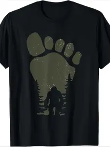 1pc Men'S Sasquatch Footprint Graphic T-Shirt - 100% Cotton, Crew Neck, Short Sleeve, Casual Fit, All-Season Knit Fabric Tee for Outdoor & Casual Attire, Comfortable Clothing Soft Texture ShirtLabour Day, seasonal casual and trendy men, round neck high st