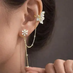 ChicBloom B Gold Chain Duster Earrings Rhinestone Flower Butterfly Earrings for Women Blingbling Spring Jewelry Gifts for Women with Chain and Ear Cuff