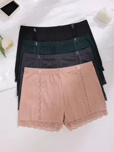 Women's High Waist Ribbed Briefs, Boyshorts Set, Fashion Lace Trim Panties, Comfortable Breathable Daily Wear, Casual Plain Design, 4 Pcs Underwear