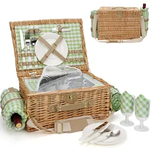Picnic Basket for 2, Insulated Willow Picnic Baskets with Shoulder Strap, Picnic Hamper with Waterproof Picnic Blanket, Handmade Wicker Hamper for Outdoor Camping, Green Check