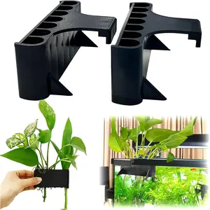 2PC 7 Holes Upgraded Aquarium Plant Holder Aquatic Plants Cup for Fish Tank with Long Hook Aquarium Feeder for Aquascape Decorations on Tank Top Black-2PC