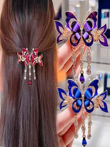 Metal Butterfly Tassel Hair Claw Clip, Rhinestone Butterfly Hair Pin with Tassels and Flower Decor, Durable Sparkling Hair Accessory, Hair Clips