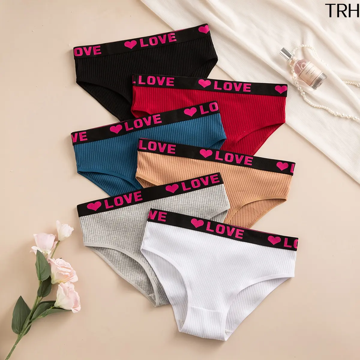 6 Pack Women Ribbed Cotton Thong Panties, Mid Low Rise LOVE Heart Print Waistband Breathable Stretch T-Back Underwear, Multi Color Comfort Daily Intimates Multipack
