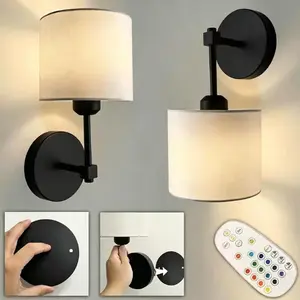 No Drill Peel and Stick Cordless Rechargeable Wall Sconces Battery Operated, Set of 2 Easy Install No Wiring Adhesive Wall Lights Home Decor Sconces for Living Room, Bedroom, Pictures (Black, 2-Pack)