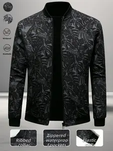Men's Fashion Leaf Print Pilot Jacket, Tropical Floral Zip Baseball Coat, Windproof Breathable Zip Pockets Streetwear Outerwear, Lightweight Spring Fall Men's Windbreaker