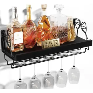 Rack with Stemware Hanger, 17inch  Glass Rack, Floating Shelf Wall Mounted,  Wall Shelf for Kitchen, Dinning Room, Home Bar, Living Room etc, Pitch Black