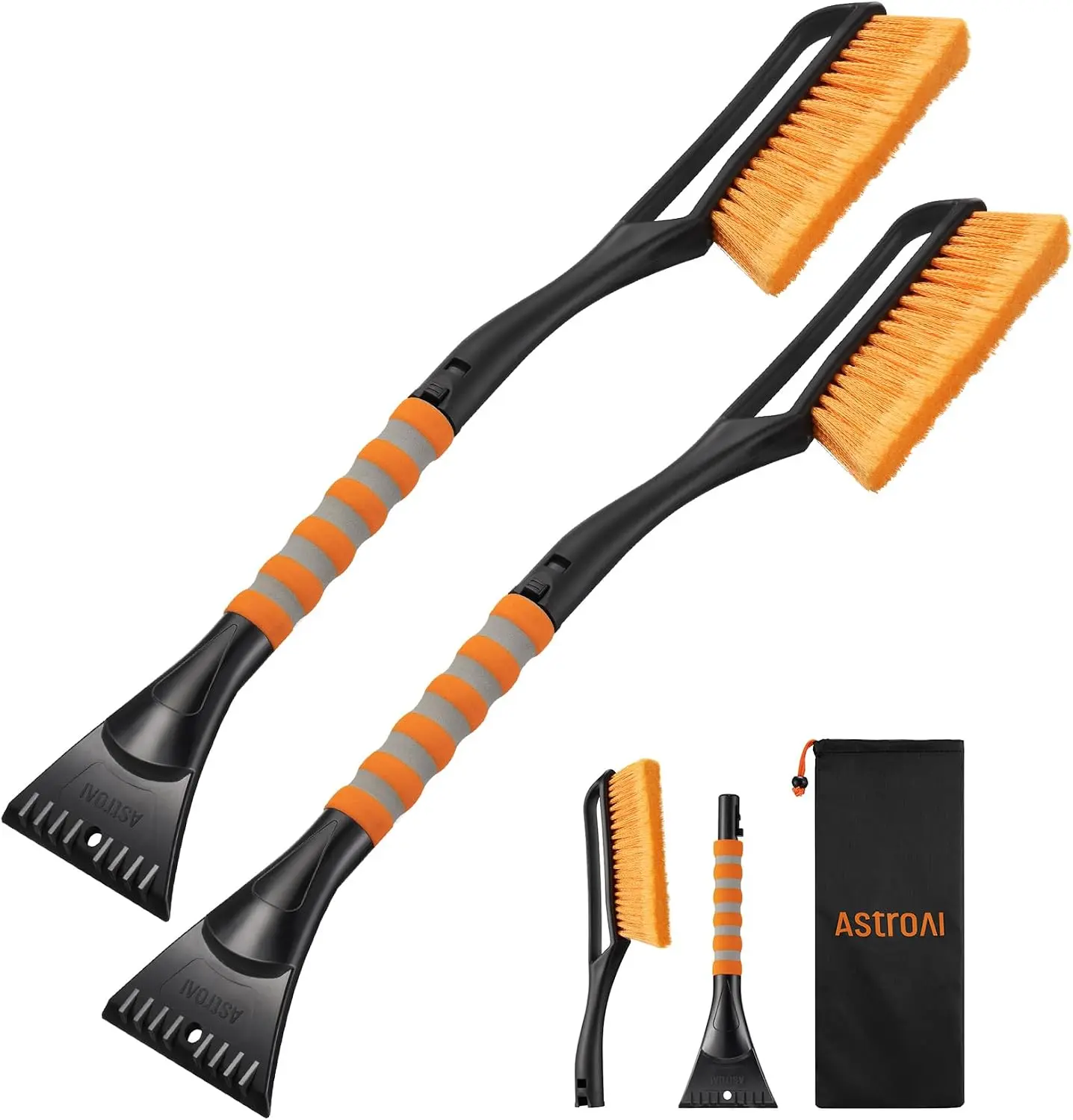 AstroAI 27" Snow Brush & Ice Scraper for Car Windshield Snow Remove, 2 Pack | Orange, Durable Heavy Duty Bristles, Scratch-Free, Detachable, Foam Grip, Winter Accessory for Car, SUV, Truck, Storage Bag